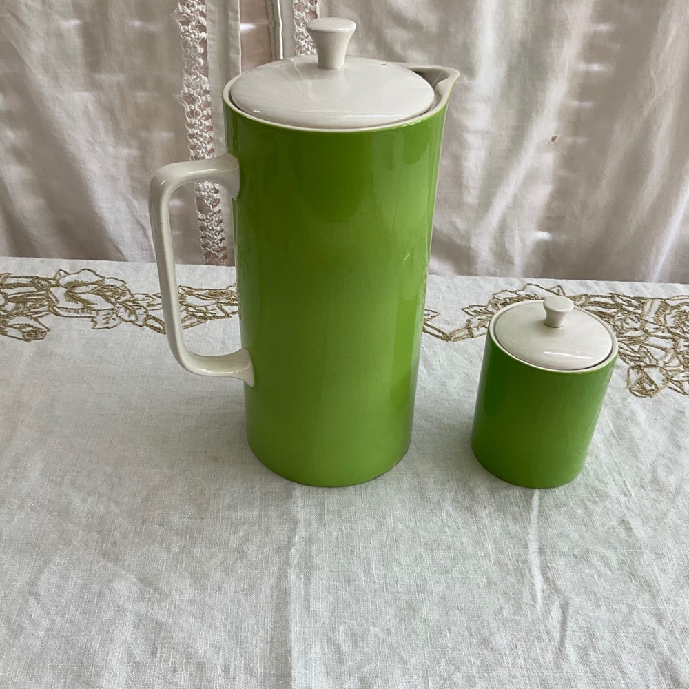 Vintage Emerald Isle Harmony House Sears Iron‎ Stone Coffee Pot Sugar Bowl MCM